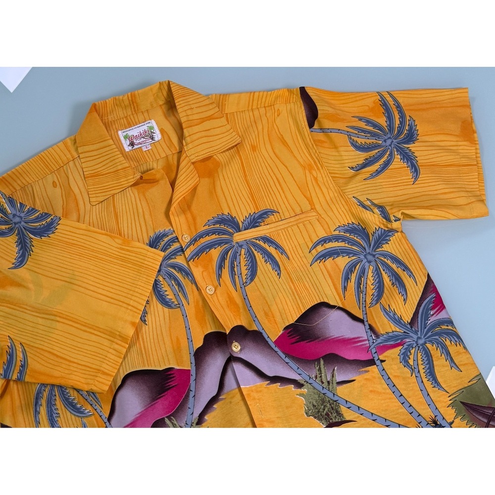 VTG Waikiki Creations Camp Yellow Tropical Paradise Pattern Mens Shirt  - Large